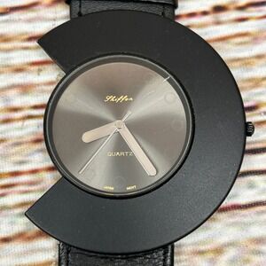 Shiffon Quartz Watch Black Case Gray Sunburst Dial Genuine Leather Strap